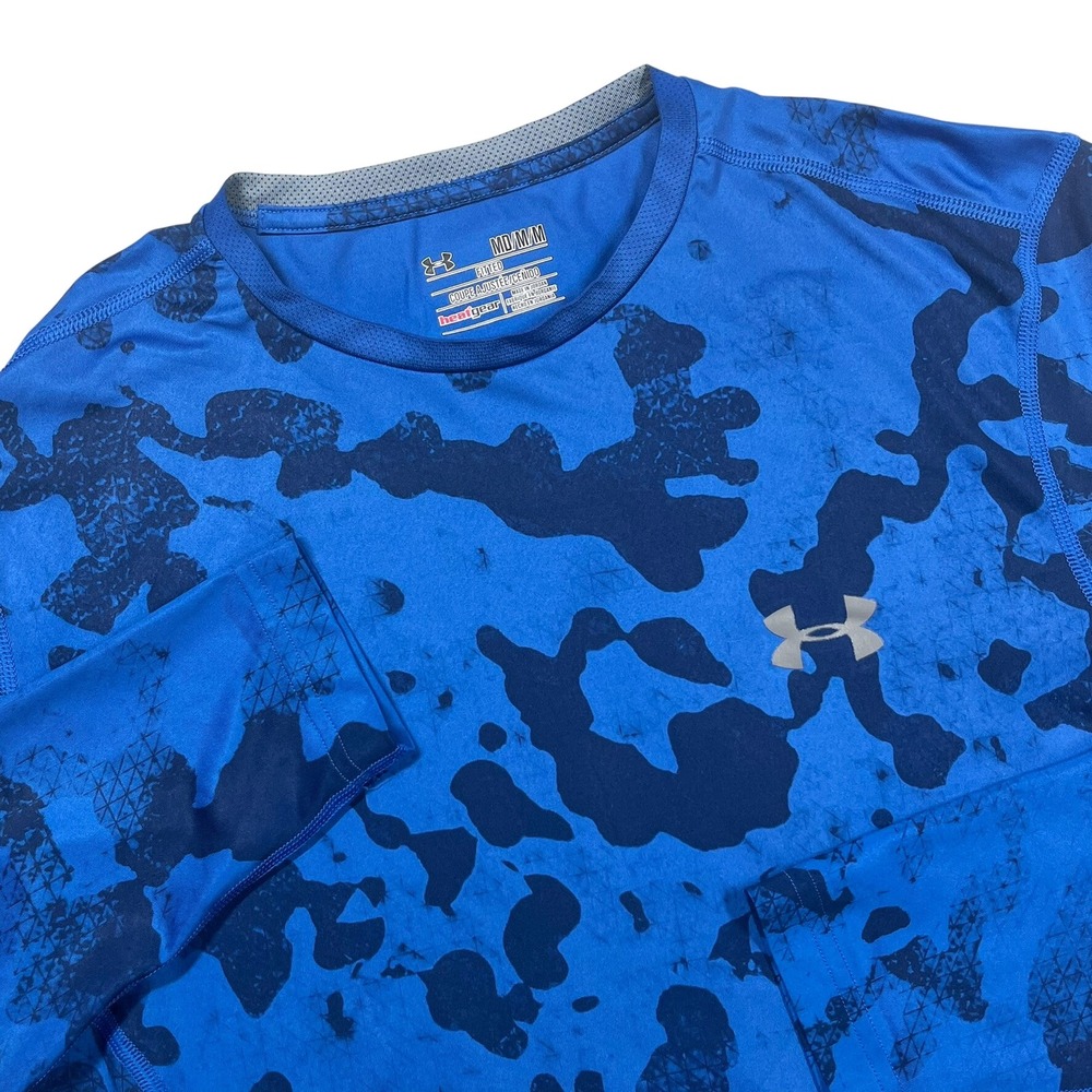 Under Armour HeatGear Shirt‎ Mens Medium Blue Camo Long Sleeve Fitted 1239336